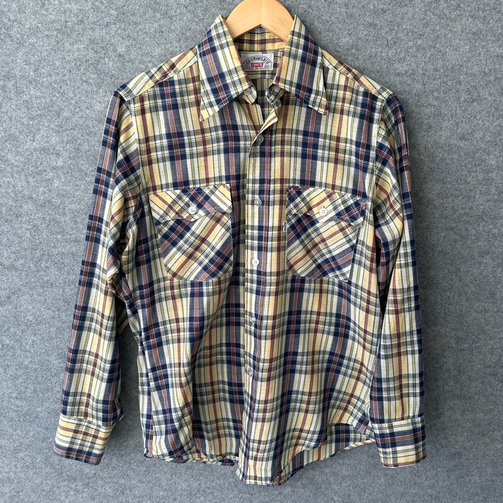 Vintage Levi's Shirt Mens Medium Long Sleeve Yellow Plaid 70s 80s Pockets Preppy